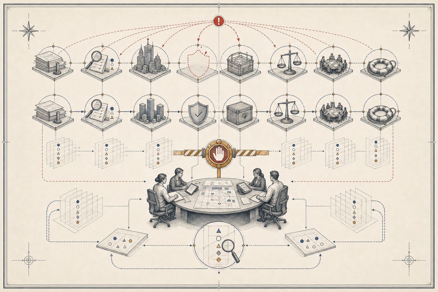 An original public-source review plate showing a chain of verification, concentration, insurance, funding, legal rights and governance halted at a decision gate for further checks.