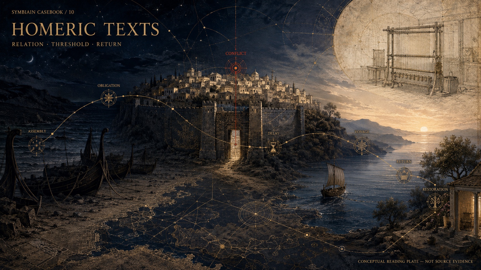 A conceptual Symbiain literary field plate connecting a dark Aegean shore, city gate, household loom, voyage, return and restoration through a restrained relational map.