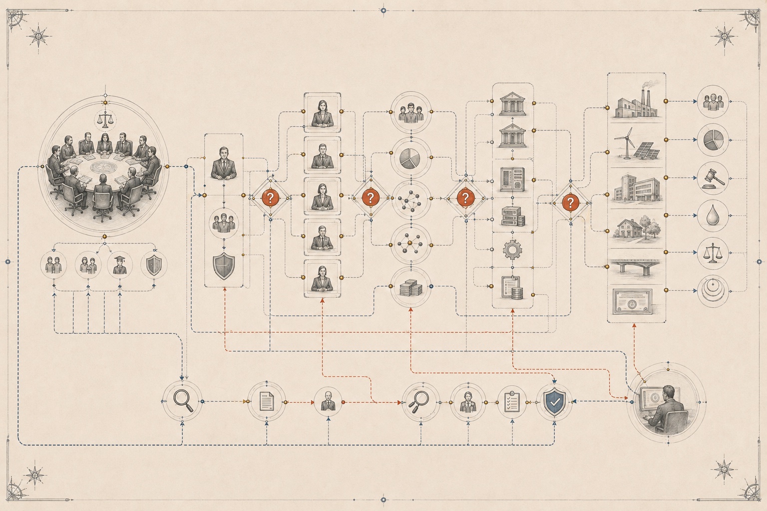 An original analytical plate showing a trustee board looking through advisers, managers and vehicles to underlying exposures, shared dependencies and uncertainty gates.