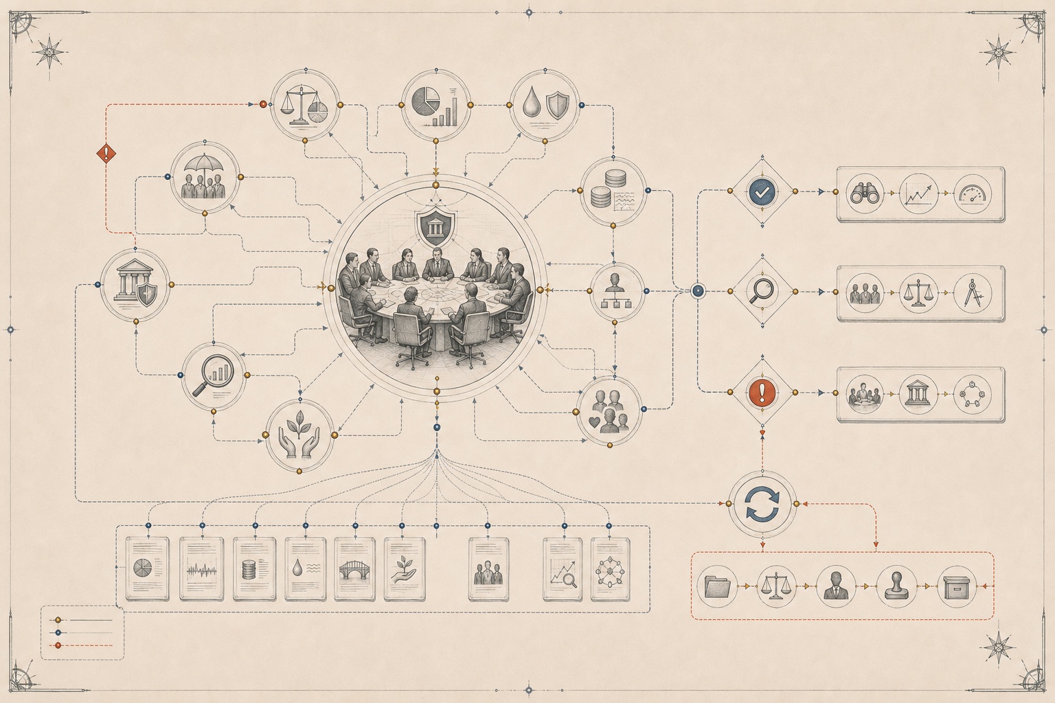 An original monitoring plate connecting funding, investment, liquidity, costs, covenant, concentration, stewardship and member outcomes to proportionate human decisions and correction.