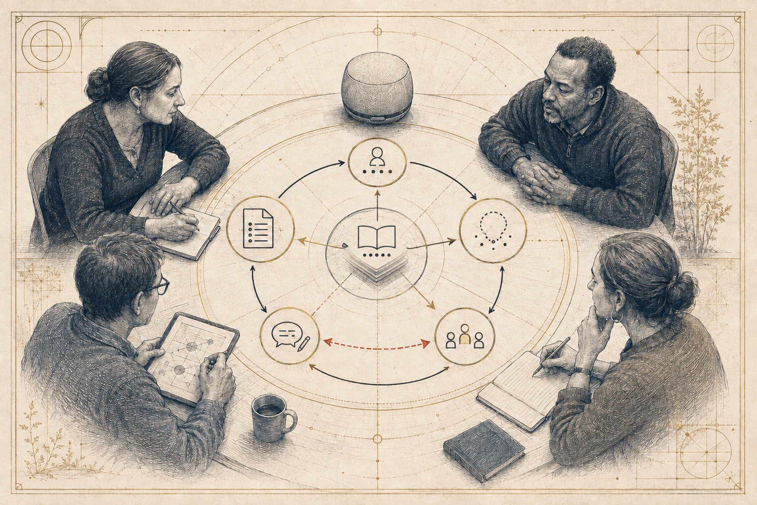 A Symbiain Field Manual plate showing a diverse human review circle around a correction and learning field.