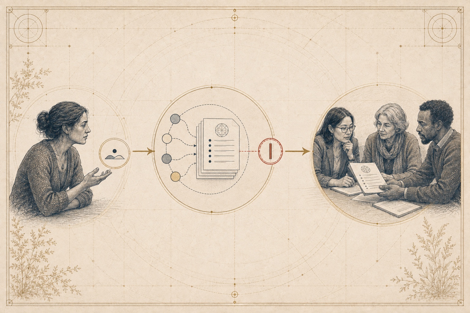 A Symbiain Field Manual plate showing a person’s stated context, a consent boundary, an authority pause and a handover to a human support team.