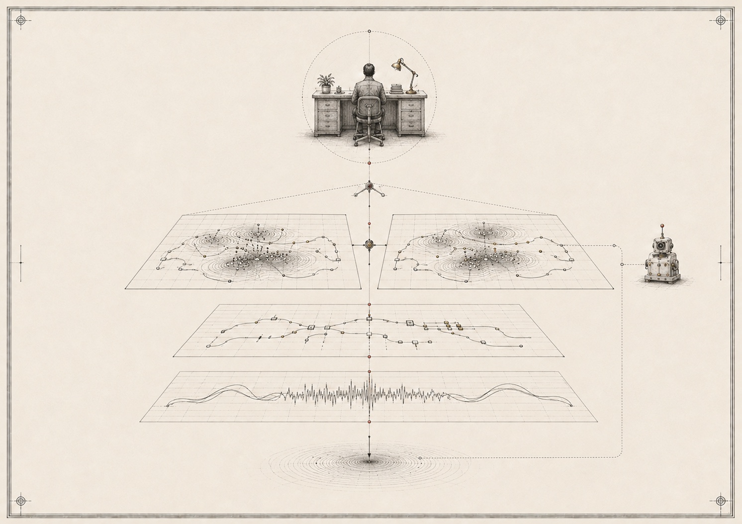 A Symbiain Field Manual plate showing source records, alternative interpretive fields, a human authority position and a revision loop.