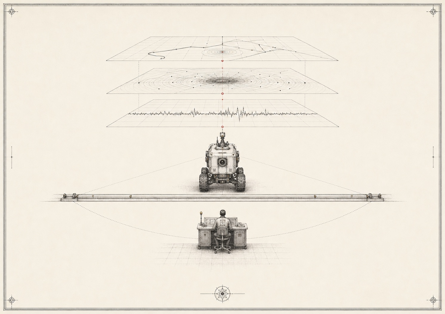 A Symbiain Field Manual plate showing a mobile robot held at a safety boundary beneath three conflicting evidence planes.
