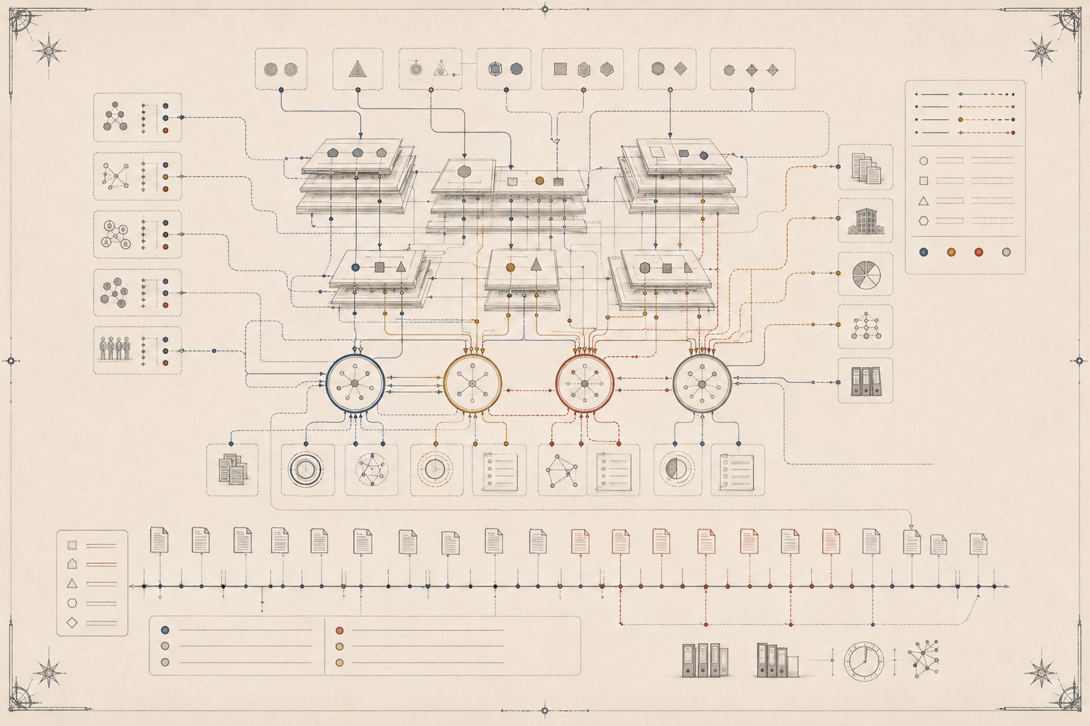 An original analytical plate showing layered corporate entities, claims, dependencies and creditor positions arranged against a chronology.