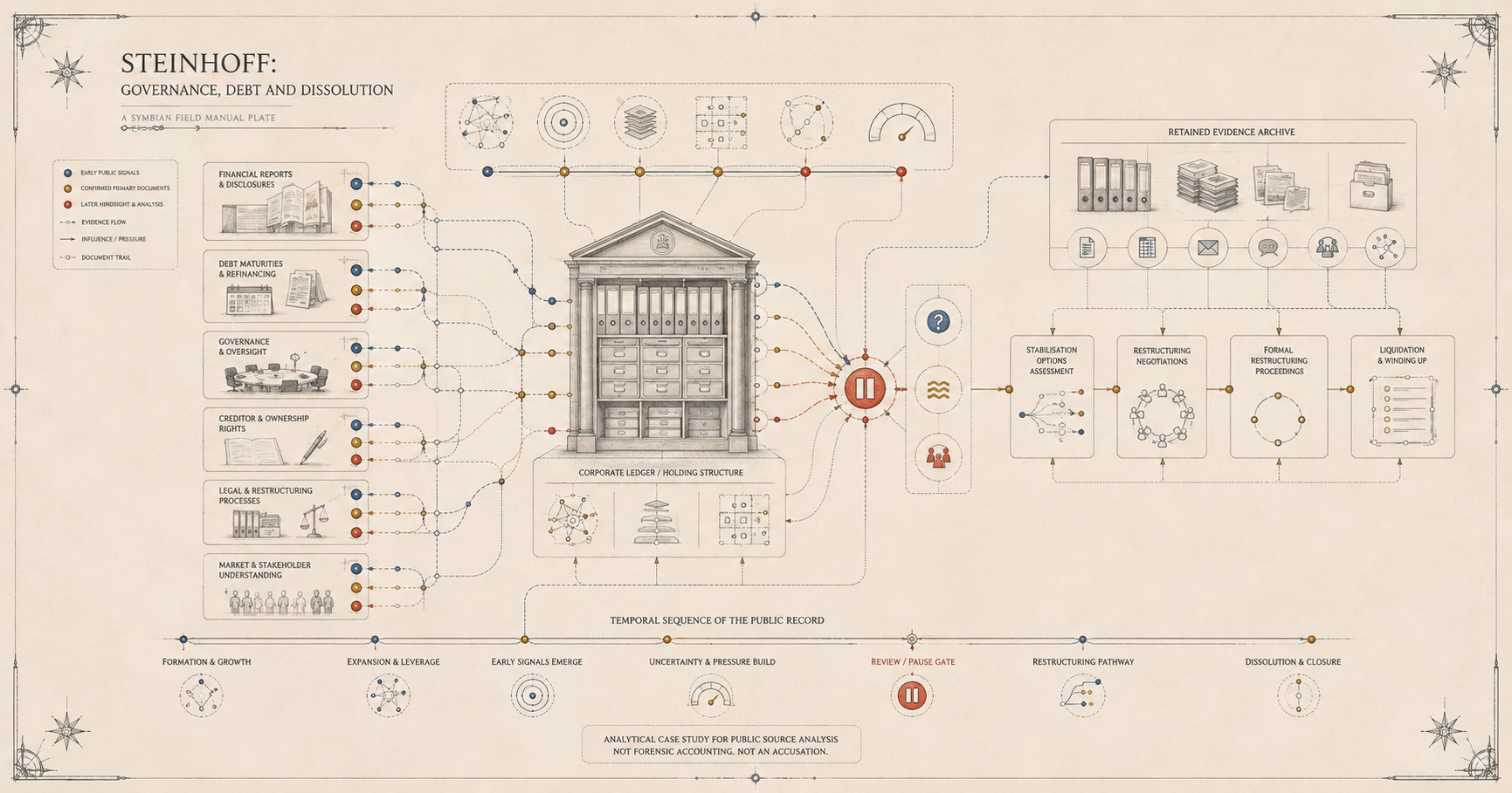 An original Symbiain Field Manual plate mapping a corporate group across reporting, entities, debt, governance, creditor and legal-process layers over time.