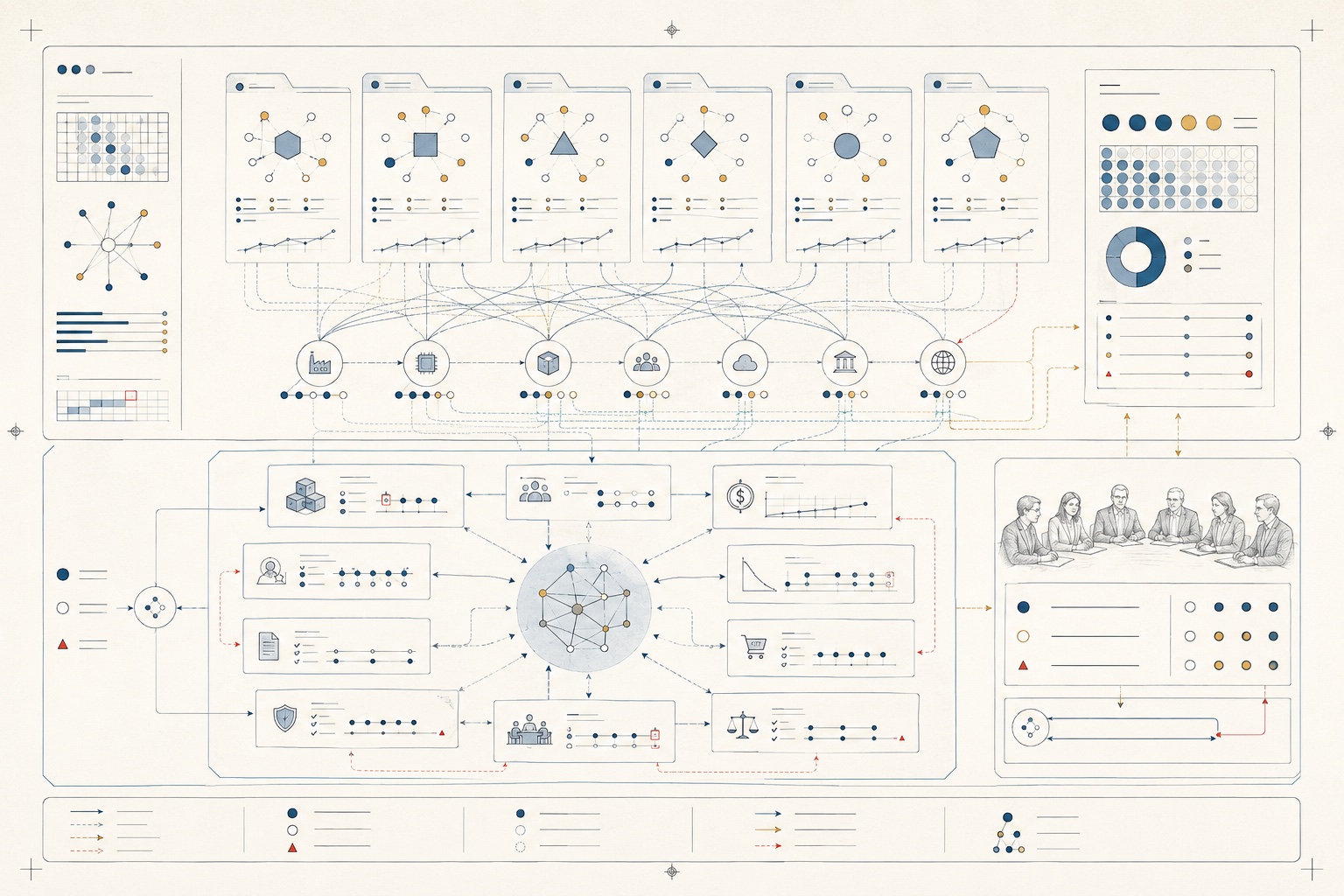 An original analytical plate mapping several start-up operating systems and the shared suppliers, markets, financing and governance dependencies across a portfolio.