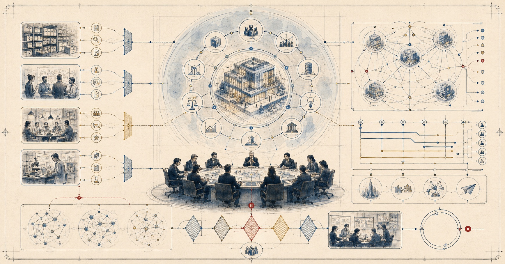 An original Symbiain Field Manual plate placing a human investment committee between provenance-gated company evidence and portfolio-wide dependencies.