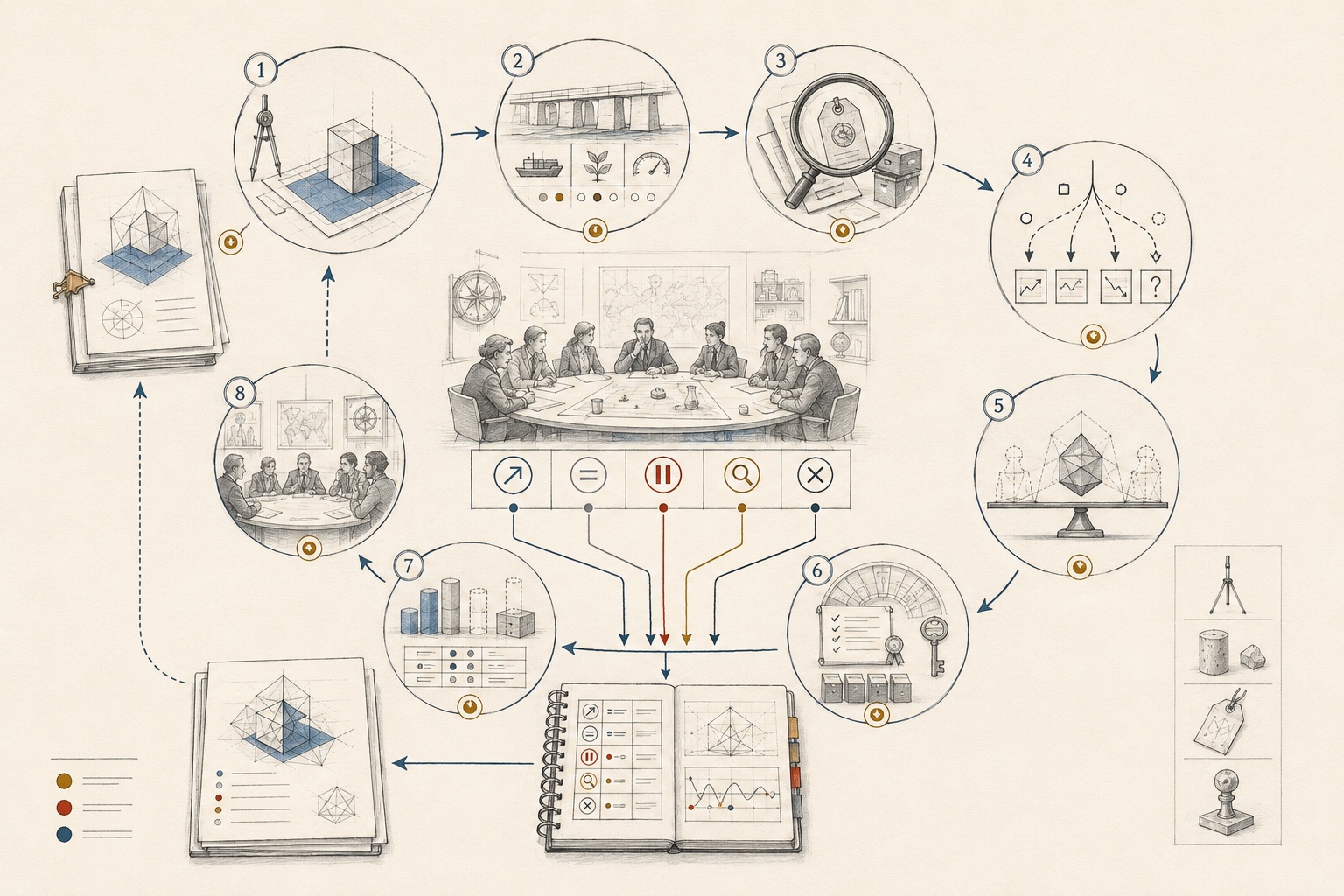 An original decision-and-revision plate showing thesis, milestones, evidence, alternatives, uncertainty, human investment committee choices and retained correction.