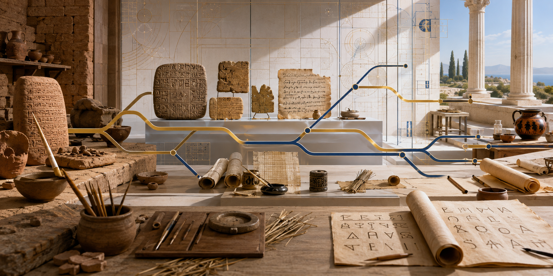 Interpretive sunlit studio showing clay tablets, reed styli, ink, papyrus and several branching routes through the history of writing