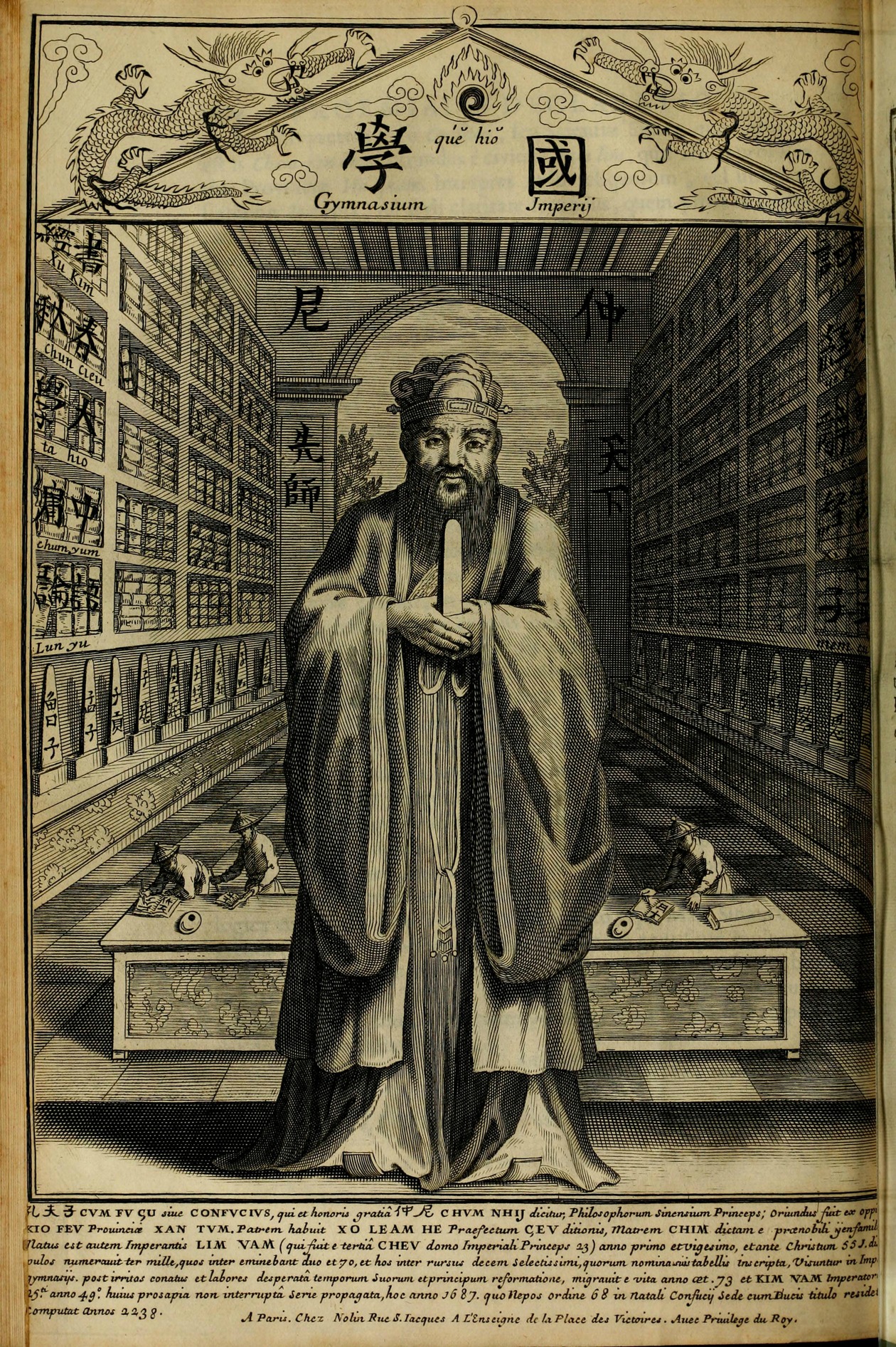 1687 engraved frontispiece of Confucius standing inside an architectural library, with Chinese and Latin inscriptions