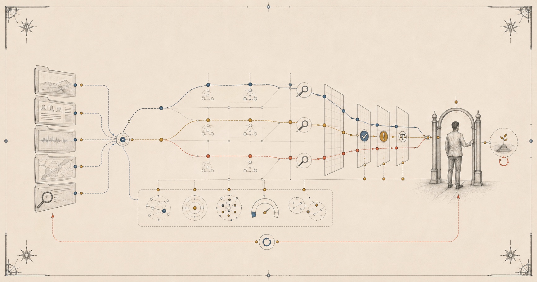 An architectural Symbiain field map connecting evidence, assumptions, alternatives, decision exposure and verification